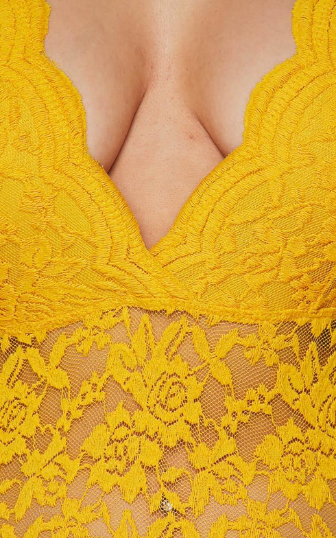 Scalloped Floral Lace Bodysuit - Mustard Yellow - SohoGirl.com